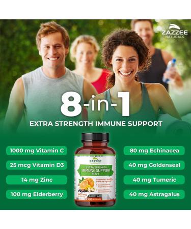 Zazzee Extra Strength 8-in-1 Immune Support - 180 Vegan Capsules | Vitamin C, D3, Zinc, Elderberry, Echinacea, Goldenseal, Turmeric, and Astragalus - 1400mg per Capsule, All-Natural - Buy Online on GoSupps.com