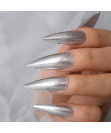 Long Stiletto Silver Glitter Press On Nails - High Gloss Reusable Acrylic Full Cover Fake Nails Kit (24 Pieces) - International Shipping Available - Buy Online on GoSupps.com