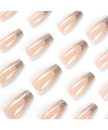 Kamize Coffin Press On Fake Shiny Nails - 24PCS Acrylic Gold False Nude Nails for Women and Girls - Style4 - Buy Online on GoSupps.com