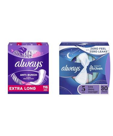 Always Anti-Bunch Xtra Protection Daily Liners For Women Extra Long Length 116 Count & Infinity With FlexFoam Pads For Women Size 5 Extra Heavy Overnight Absorbency With Wings 30 Count 29 Count (Pack of 4) Liners + Pads Size 5 30 Count