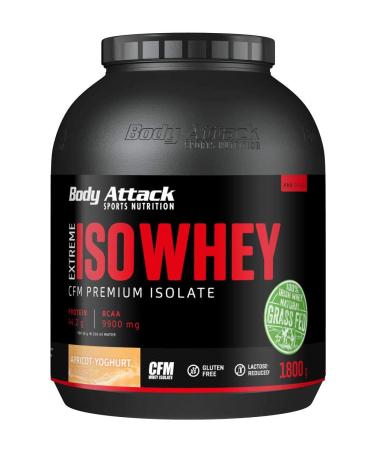 Body Attack Extreme ISO Whey Apricot-Yoghurt 2x1.8 kg CFM Whey Protein Isolate from 100% Irish pasture milk gluten-free rich in EAAS perfectly soluble low in fat without aspartame 90.6% isolate proportion Apricot-Yoghurt 1.8KG (2 pack)