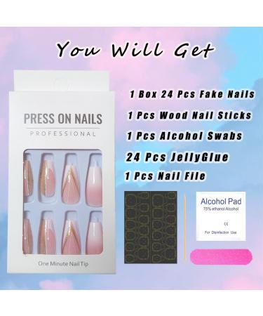 24Pcs Glitter French Press On Nails - Medium Coffin False Nails for Women - Almond Shaped Acrylic Stick On Nails - Buy Online on GoSupps.com