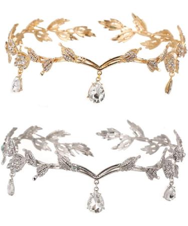 Goddess Tiara Crystal Leaf Wedding Headband for Bride Prom Birthday Party Cosplay Hair Accessories for Girls Golden - Buy Online on GoSupps.com