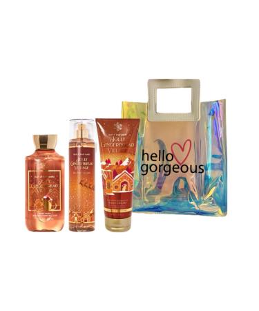Bath & Body Works - Jolly Gingerbread Village - 3 Piece Bundle - Spray - Body Cream - Shower Gel - Full Size and Hello Gorgeous Gift Bag.