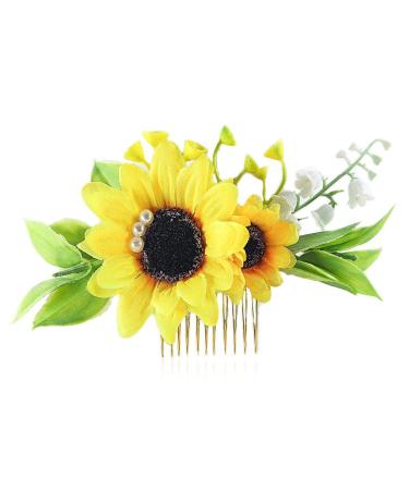 Fangsen Gold Wedding Sunflower Hair Comb Bride Hair Accessories Yellow Flower Pearl Bridal Headpiece Decorative for Women and Girls