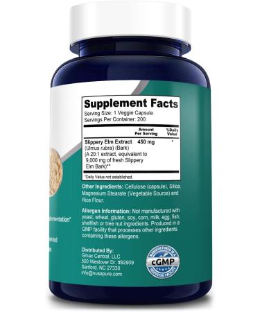 NusaPure Slippery Elm Bark Extract 9000mg - 200 Veggie Capsules, Non-GMO & Gluten Free - Buy Online on GoSupps.com