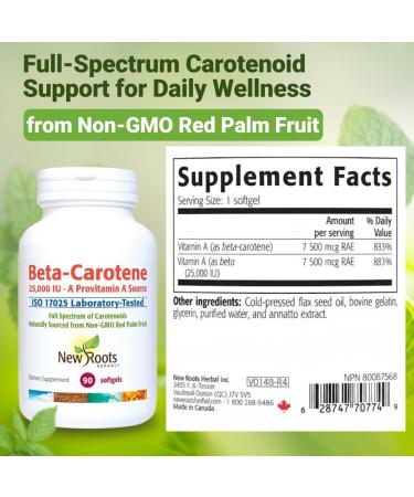 NEW ROOTS HERBAL Beta-Carotene 25 000 IU Supplements | Vitamin A (90 Softgels) | Full Spectrum of Carotenoids | Naturally Sourced from Non-GMO Red Palm Fruit + Organic Flax Seed Oil - Buy Online on GoSupps.com