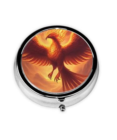 Beautiful Phoenix Portable Metal Pill Box Round Mini 3-Compartment Plastic Insert hinged Fastening Design Suitable for Small Pills Must-Have for Travel