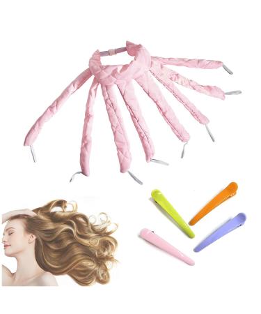 Heatless Curling Rod Headband Pink Silky Lazy Wavy Hair Set DIY Hair Styling Tool for Long Hair (with 4 Hair Clips)