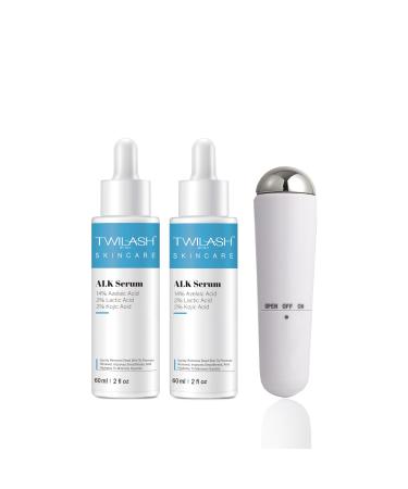 ALK Serum 2-Pack (60ml Each) 14% Azelaic Acid 2% Lactic Acid & 2% Kojic Acid Gentle Exfoliation & Hydrating Formula with Facial Massager Non-Irritating Serum for All Skin Types 120ml Total