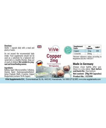 Copper 2 mg - 90 Vegan Capsules | Copper Bisglycinate - Essential Trace Element | Quality from Germany - ViVe Supplements - Buy Online on GoSupps.com
