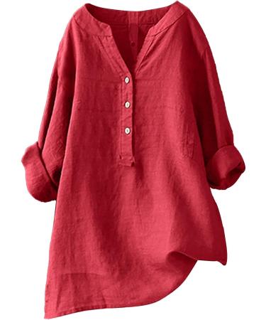 Womens Cotton Linen Shirts Plus Size Blouse Summer Long Sleeve Lapel Button Casual Tee Shirt V-Neck Loose Fit Going Out Work Office Henley T-Shirt Tops 4294-qppoj-red-6 4XL - Buy Online on GoSupps.com
