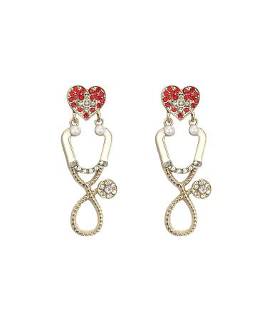 Nurse Present for Women Rhinestone Stethoscope Earrings for RN Nurses Heart Stethoscope Dangle Drop Earrings for Nursing Practitioner for Women Red Crystal