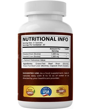 Vitamatic Grass-Fed Beef Brain with Liver 180 Capsules Freeze-Dried, Non-GMO, Bovine Liver Supplement Pasture-Raised, Glandular-Based Formula Brain 180 Count (Pack of 1) - Buy Online on GoSupps.com