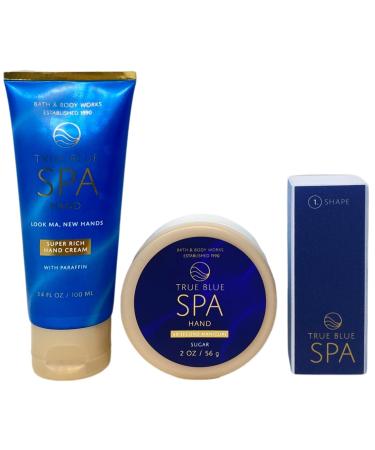 Bath & Body Works Spa Helping Hands True Blue Spa Gift Set - Super Rich Hand Cream 60 Second Manicure Hand Scrub and 4-sided nail buffer - Travel Size - with a Natural Oats Sample Soap - Buy Online on GoSupps.com