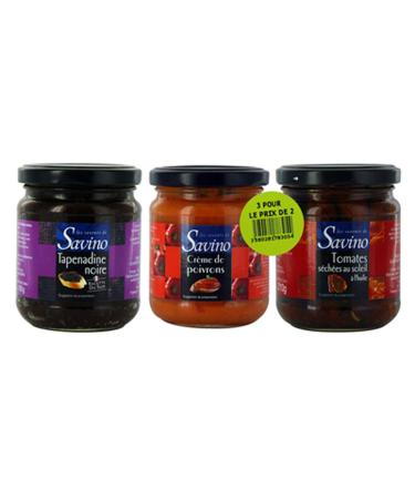 Set of 3 x 180 g – Tapenadine Black Olivade + Pepper Cream + Sun-Dried Tomatoes in Oil Les Saveurs de Savino