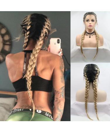 Middle Doublu blonde braids synthetic lace front wigs for women cosplay/party 2 x twist braids long dark roots ombre blonde half hand on heat -resistant fiber braided hair
