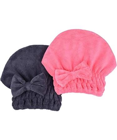 MAYOUTH Microfiber Hair Drying Towels Head wrap with Bow-Knot Shower Cap Hair Turban hairWrap Bath Cap for Curly Long & Wet Hair Gift for Women 2pack 1darkgrey+rose Red
