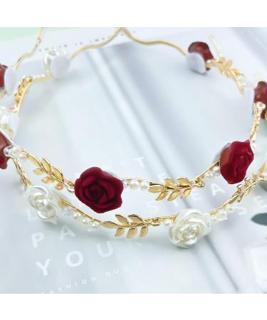Rose Flower Pearl Headband Set - Gold Metal Floral Hairband for Wedding, Women's Hair Jewelry - Buy Online on GoSupps.com