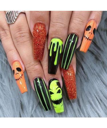 Halloween False Nails with Design Fake Nails Full Cover Long Nail Tips Press on Nails with Adhesive for Women and Girls
