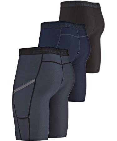 DEVOPS Men's Compression Shorts 3 or 5 Pack - Sport Athletic Workout Running Baselayer Underwear with Pocket - Black/Charcoal/Navy (Medium) - Buy Online on GoSupps.com