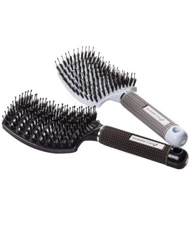 Boar Bristle Hair Brush set   Curved and Vented for Wet and Dry Detangling Hair Brush for Women Long  Thick  Thin  Curly & Tangled Hair Vent Brush - Stocking Stuffers Gift kit Black & White