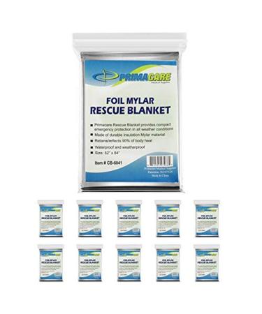 Primacare HB-10 Emergency Foil Mylar Thermal Blanket (Pack of 10), 52" Length x 84" Width, Silver