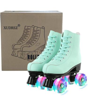 Cozy Green PU Leather High-top Roller Skates for Women | Beginner Indoor Outdoor Double-Row Skates with Flash Wheels - Size 37 - Buy Online on GoSupps.com