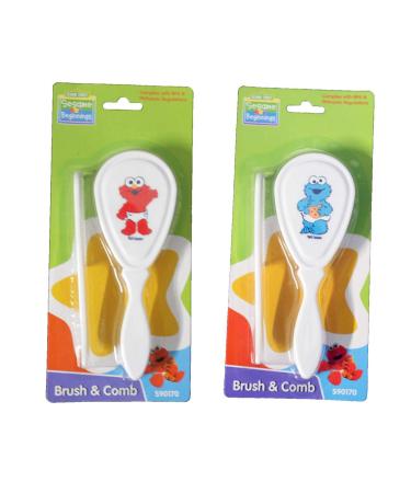 Sesame Beginnings Baby Brush & Comb Set - Newborn Infant and Toddler Grooming kit - 2 Pack Elmo and Cookie Monster - Great for Home and Trave