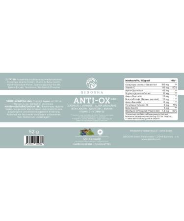 Qidosha Anti-Ox Antioxidant Complex & Skin Complex - Test Winner 01/2024 | High Dose Cellular Protection with Alpha-Lipoic Acid Cordyceps Quercetin & Brahmi Glass - Shop Internationally! - Buy Online on GoSupps.com