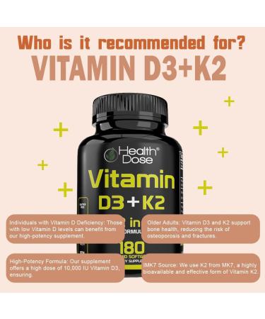 Health Dose Vitamin D3 10 000 IU + K2 (MK7) Supplement 2-in-1 Formula Immune Support a Healthy Mood Heart Joint Teeth Bone Health Calcium Absorption 180 softgels. (1) - Buy Online on GoSupps.com