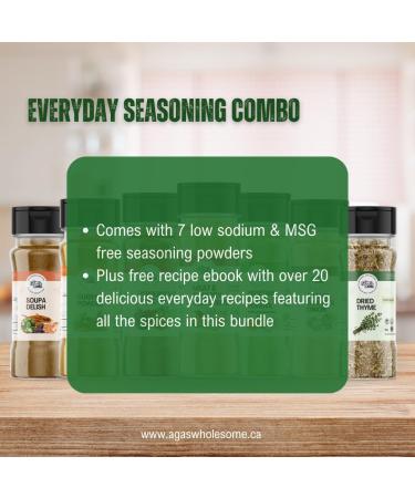 Aga's Wholesome Everyday Seasoning Combo Bundle 7 Items: Vegetable Stock Powder 100g Meat & Poultry Seasoning 100g Soupa Delish 100g Garlic Ginger & Onion Mix 100g Peppersoup Spice 100g Curry Powder 100g Dried Thyme 80g + Free Recipe ebook | Low Sodium &  - Buy Online on GoSupps.com