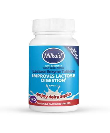 Milkaid Lactase Enzyme Chewable Tablets for Lactose Intolerance Relief | Prevents Gas, Bloating & Diarrhea | Fast Acting Dairy Digestive Supplement | Raspberry Flavour| Gluten Free & Vegan | 120 ct