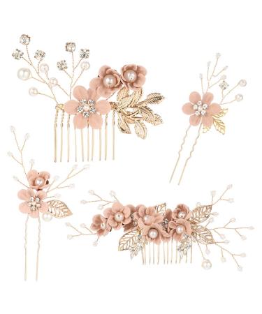 BOWIN Wedding Hair Comb Pearl Crystal Bride Hair Accessories Hair Side Comb Clips Rose Gold Flower Rhinestone Head Pieces for Bridesmaid Women and Girls, Set of 4 (Pink)
