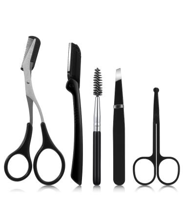 5 in 1 Eyebrow Grooming Kit for Women and Men Eyebrow Trimmer Set Including Eyebrow Scissors with Comb Nose Hair Scissors Brow Razors Tweezers Brush(Black)