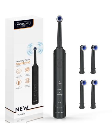 Mornwell Electric Toothbrush USB Fast Charging 3 Modes Rotary Toothbrushes Rechargeable Spin Toothbrushes with 4 Round Brush Heads for Adults & Kids Over 8 Years Old Black