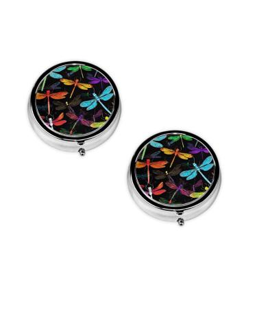 (Cute Dragonfly) Round Pill Box 3 Compartment Pill Box Mini Decorative Pocket Purse Portable Travel Medicine Tablet Vitamin Holder Organizer Pill Case