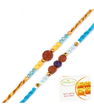 Ghasitaram Gifts Rakhi for Brother Rakhis Online - Set of 2-1906 and 1907 Rudraksh Rakhis with 400 GMS of Besan Barfi