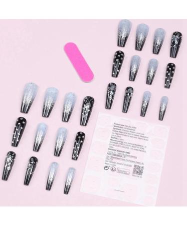 Besuso Black Gradient Applique Diamond False Nails Long Coffin Nail Tips Detachable Press on Nails Glitter Diamond Nails Nail Art - Buy Online on GoSupps.com