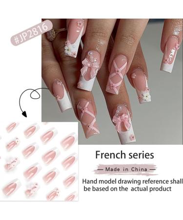 TQUXNGA Press on Nails Medium Long Craft False Nails Square 3D Flower Bowknot French Artificial Nails Finger Manicure Kit included - Buy Online on GoSupps.com