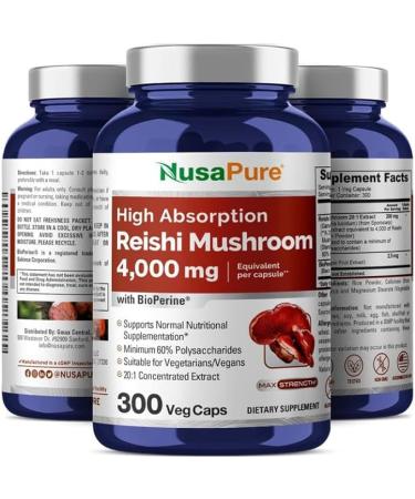 NusaPure Reishi Mushroom Extract 4000mg per Capsule 300 Veggie Caps Vegan Non-GMO Gluten-Free - Buy Online on GoSupps.com