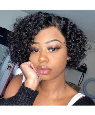 Short Curly Human Hair Wigs for Black Women Short Curly Middle Part Lace Wigs Brazilian Human Hair Wigs Short Bob Curly Wigs Glueless Pre-Plucked with Baby Hair Jerry Curl Human Hair Wig 1B (10") 10 Inch (Pack of 1)