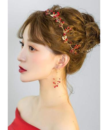 Missgrace Bridal Red Crystal Leaf Hair Vine and Earrings Set - Wedding Vintage Headband for Women, Perfect for Parties and Halloween - Buy Online on GoSupps.com