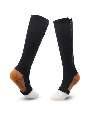 ZMERCH knee-high socks compression stockings sports printing long wheel socks zipper professional leg support thick women's socks with varicose veins (M -EU34-38/Schwarz2 (1 pair)) Black2 (1pairs) M -EU34-38