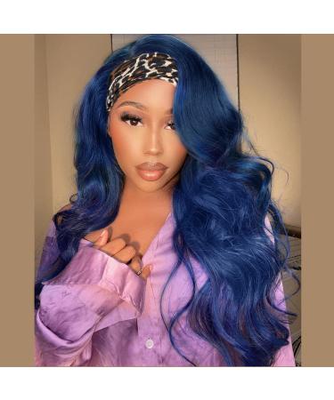 Headband Wigs for Black Women Synthetic Glueless Long Black Wig Natural Looking Wavy Wigs with Headbands Attached (22 Inch, ombre dark blue) 22 Inch Dark blue