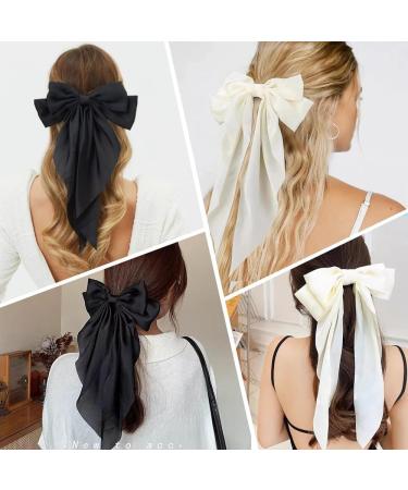 2Pcs Silky Satin Hair Bows Big Hair Bows for Women Hair Ribons Oversized Long Tail White Hair Bow Black Hair Bow Large Hair Ribbon Barrettes Metal Clips Bowknot Aesthetic Hair Accessories - Buy Online on GoSupps.com