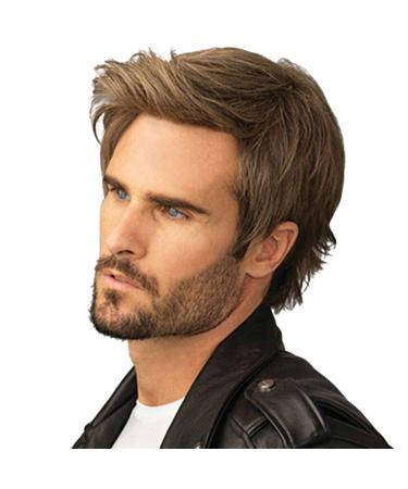 Kaneles Mens Wigs Short Straight Brown mix Natural Synthetic Cosplay Hair Wigs for Male Guy