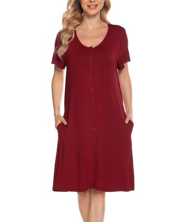 Lovasy Women's Dark Red Button Down Nightdress with Pockets - Soft Maternity and Nursing Nightie - Buy Online on GoSupps.com