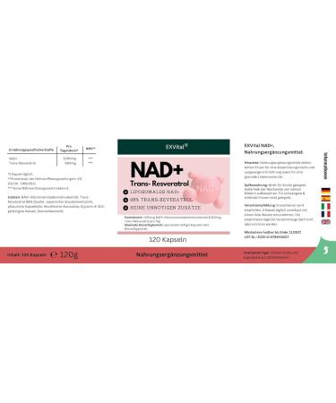 EXVital NAD+ 1000 mg NAD+ & 600 mg transresveratrol per day 120 vegan softgels liposomal & maximum bioavailability high dose & laboratory tested - Buy Online on GoSupps.com