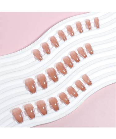 Light Brown Fake Nail Coffin Short Press on Nails French Tips Nail Art Decoration for Women and Girls Manicure 24pc